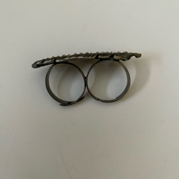 Metal Antique look Leaf Two Finger Crystal Open/Adj. Cuff Ring - Picture 7 of 10